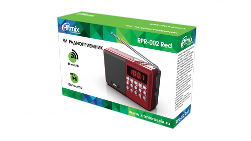 Радиоприёмник RITMIX RPR-002 RED, 87,5-108МГц,BTH,цифр.тюн,LEDдиспл,автоскан.част,40ст.пам.,телеск.антен.,мр3 USB,micro SD (1/40) (80002631) фото 2