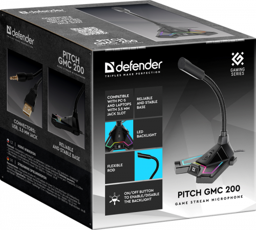 Игровой стрим микрофон DEFENDER Pitch GMC 200 3,5 мм, LED, провод 1.5 м (1/16) (64620) фото 2