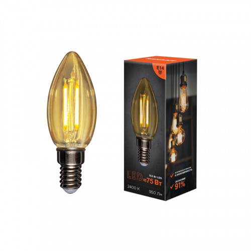 Лампа светодиодная REXANT филаментная Свеча CN35 9,5 Вт 950 Лм 2400K E14 золотистая колба (10/100) (604-099) фото 4