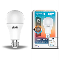 Лампа светодиодная GAUSS Smart Home, Wi-Fi и голосовое управление, програм-ние режимов, диммер, DIM+CCT E27 A60 10 Вт 1/10/100