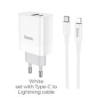 Блок питания сетевой 1 USB, Type-C HOCO, C80A, Rapido, 3100mA, пластик, PD, QC3.0, кабель 8 pin, Type-C, цвет: белый