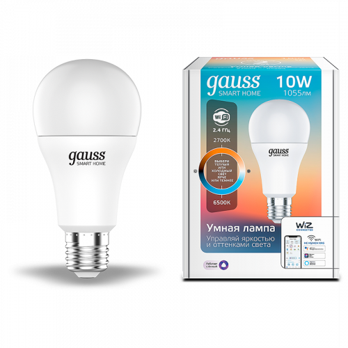 Лампа светодиодная GAUSS Smart Home, Wi-Fi и голосовое управление, програм-ние режимов, диммер, DIM+CCT E27 A60 10 Вт 1/10/100 (1080112)