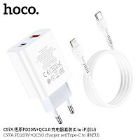 Блок питания сетевой 1 USB, Type-C HOCO C97A, 3000mA, PD, PPS, QC, FCP, AFC, кабель Type-C - 8-pin, цвет: белый (1/30/180)