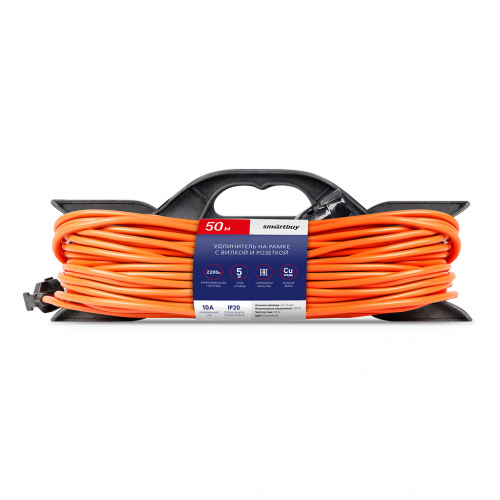 Удлинитель SMARTBUY на рамке с вилкой и розеткой 10А, 50 метров 2х1,0 мм², оранжевый провод с вилкой и розеткой, IP20 (SBE-10-1-50-F) (1/5)