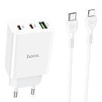 Блок питания сетевой 1 USB, 2 Type-C HOCO, C99A, 1000mA, пластик, PD20W, QC3.0, кабель Type-C-8-pin , цвет: белый (1/12/120)
