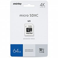 Карта памяти MicroSD  64GB  Smart Buy Сlass 10  Advanced U3 V30 A1 (55/90 Mb/s)+ SD адаптер (SB64GBSDU1A-AD)