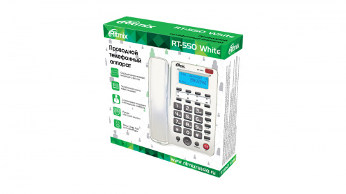 Телефон проводной c дисплеем RITMIX RT-550 white, АОН, FSK/DTMF, спикерфон, вход 3,5мм AUX, особый режим «Детский звонок» (1/20) (80002154) фото 2