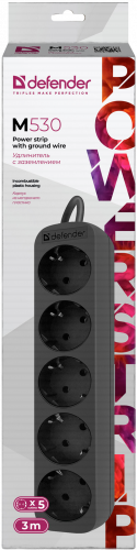 Удлинитель DEFENDER M530, 5 розеток, ПВС 3*1,0 мм2, мощность 2200 Вт, ток 10А, с/з, черный, 3,0 м (1/45) фото 9