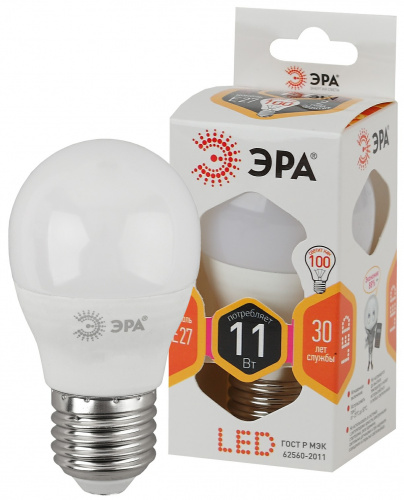 Лампа светодиодная ЭРА STD LED P45-11W-827-E27 E27 / Е27 11Вт шар теплый белый свет (1/100) (Б0032987) фото 4