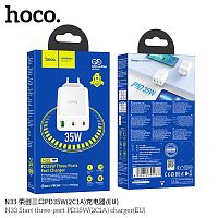 Блок питания сетевой 1 USB, 2 Type-C HOCO N33 Start, 3000mA, пластик, QC3.0, PD35Вт, цвет: белый (1/13/130) (6931474795083)