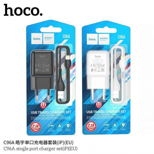 Блок питания сетевой 1 USB HOCO C96A, 2100mA, кабель 8 pin, 1.0м, цвет: белый (1/27/162) (6931474765994)