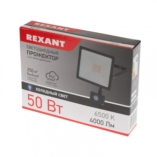 Прожектор светодиодный REXANT 50 Вт 200–260В IP44 4000 лм 6500 K холодный свет, с датчиком движения (1/20) (605-009) фото 2