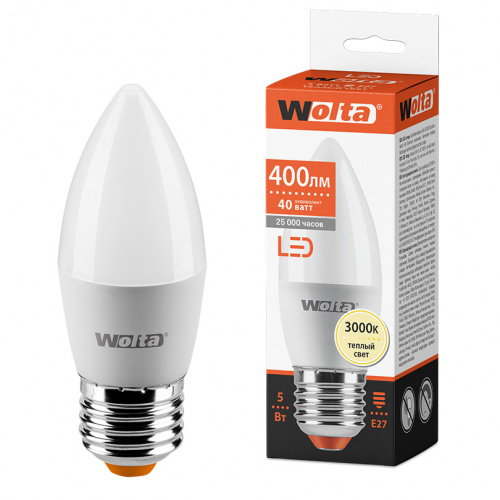 Лампа светодиодная WOLTA Свеча C37 5Вт 3000К 400лм Е27 1/50 (25YC5E27)