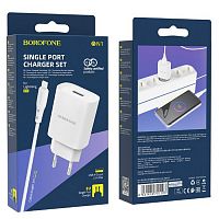 Блок питания сетевой 1 USB Borofone BN1, 2100mA, пластик, кабель 8 pin, цвет: белый(1/60/360) (6931474741103)