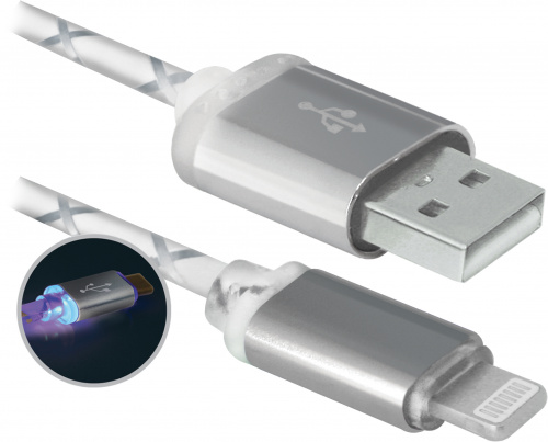 Кабель DEFENDER ACH03-03LT, cерый, LED, USB-Lightning, 1м (1/100) (87550) фото 3