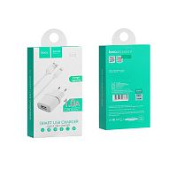 Блок питания сетевой 1 USB HOCO C11, 1000mA, пластик, кабель 8 pin, цвет: белый (1/10/100) (6957531047735)
