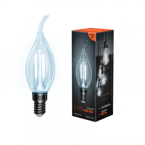 Лампа светодиодная REXANT филаментная Свеча на ветру CN37 7.5 Вт 600 Лм 4000K E14 прозрачная колба (10/100) фото 4