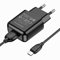 Блок питания сетевой 1 USB Borofone BA64A, 2100mA, кабель микро USB, 1.0 м, цвет: чёрный (1/64/256) (6974443383867)