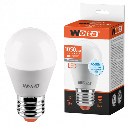 Лампа светодиодная WOLTA Шар G45 12Вт 1050лм 6500К Е27 (1/50) (25W45GL12E27)