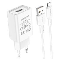 Блок питания сетевой 1 USB Borofone BA68A, Glacier, 2100mA, кабель  8 pin, цвет: белый (1/65/260)