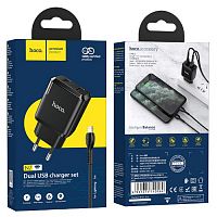 Блок питания сетевой 2 USB HOCO, N7, Speedy, 2.1A, с кабелем Lightning, 1.0м, поликарбонат, цвет: чёрный
