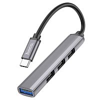 USB-концентратор HOCO HB26, пластик, 4 гнезда, 3 USB 2.0 выхода, 1 USB 3.0 выход, кабель Type-C, цвет: серебряный (1/18/180) (6931474765475)