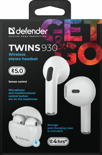 Беспроводная гарнитура DEFENDER Twins 930, TWS, Bluetooth, белый (1/40) (63931) фото 2