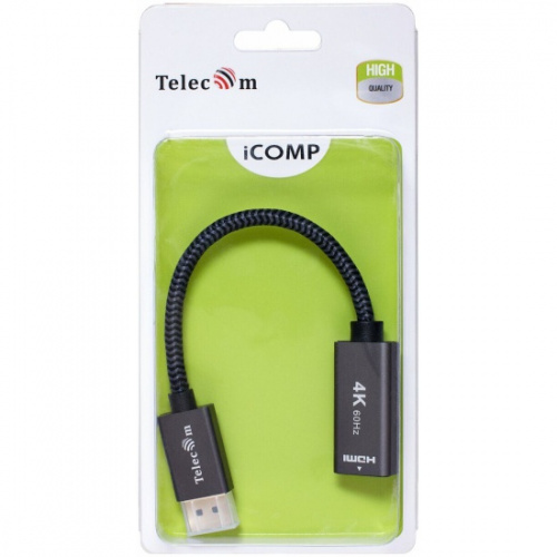 Кабель-переходник DP --> HDMI-F 0.2m , серый металлик, оплетка, 4K@60Hz, Telecom (TA560) (1/200) фото 2