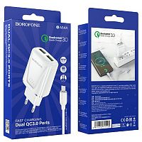 Блок питания сетевой 2 USB Borofone, BA54A, Wide, пластик огнестойкий, QC3.0, кабель микро USB, 1.0м, цвет: белый(1/35/140)