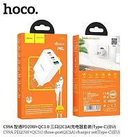 Блок питания сетевой 1 USB, 2 Type-C HOCO C99A, 3000mA, кабель USB - Type-C, 1.0м, цвет: белый (1/12/120)