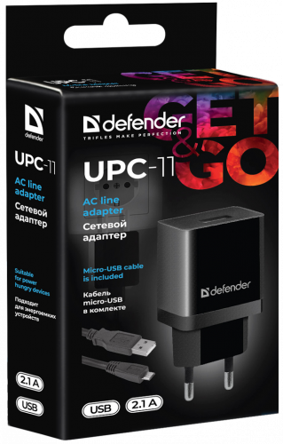 Адаптер сетевой Defender UPC-11, черный, 1xUSB, 5V/2.1А, кабель micro-USB (1/100) (83556) фото 3