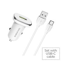 Блок питания автомобильный 1 USB Borofone, BZ12A, Lasting power, 3A, пластик, QC3.0, кабель Type-C, цвет: белый (1/44/176)