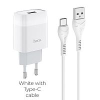 Блок питания сетевой 1 USB HOCO, C72A, Glorious, 2100mA, пластик, кабель Type-C, цвет: белый (1/30/180)