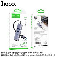 USB-концентратор HOCO HB34, Easy, 3 гнезда, кабель 0.2м, 3 USB3.0 выхода, RJ45, кабель USB, цвет: серый (1/19/190) (6931474794536)