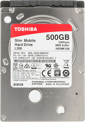 Внутренний яВнутренний HDD  Toshiba  500GB  L200  Mobile Slim, SATA-III, 5400 RPM, 8 Mb, 2.5" (HDWK105UZSVA)