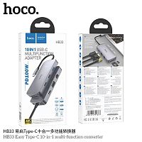 USB-концентратор HOCO HB33, Easy, HDTV, PD, USB3.0, USB2.0*2, SD, TF, RJ45, VGA, AUX, кабель Type-C, цвет: серый (1/18/180) (6931474791337)