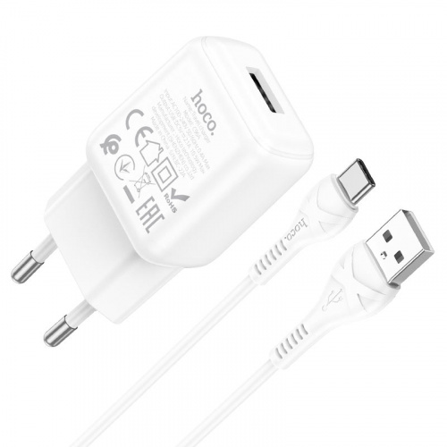 Блок питания сетевой 1 USB HOCO C96A, 2100mA, кабель USB - Type-C, 1.0м, цвет: белый (1/27/162) (6931474766038)