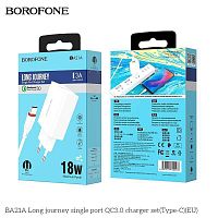 Блок питания сетевой 1 USB Borofone BA21A, Longjourney, 2.4A, пластик, быстрая зарядка 3.0, кабель Type-C, цвет: белый (1/48/192) (6931474702487)