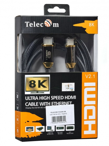 Кабель HDMI 19M/M,ver. 2.1, 8K@60 Hz 3m метал разъемы, нейлоновая оплетка Telecom <TCG300-3M> (1/40)