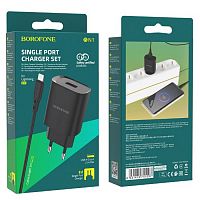 Блок питания сетевой 1 USB Borofone BN1, 2100mA, пластик, кабель 8 pin, цвет: чёрный(1/60/360) (6931474741097)