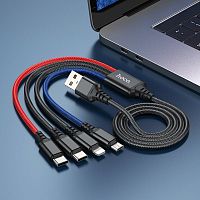 Кабель USB -  8 pin, 2 Type-C, микро USB HOCO X76 Super, 1.0м, 2.0A, цвет: чёрный, красный (1/31/310)