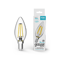Лампа светодиодная GAUSS Basic Filament Свеча 4,5W 420lm 4100К Е14 1/10/50 (1031215)