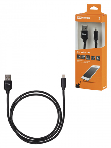 Дата-кабель TDM ДК 9, USB - Lightning, 1 м, тканевая оплетка, черный, (1/200) (SQ1810-0309)