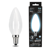 Лампа светодиодная GAUSS Filament Свеча 9W 610lm 4100К Е14 milky 1/10/50 (103201209)