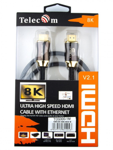 Кабель HDMI 19M/M,ver. 2.1, 8K@60 Hz 1m метал разъемы, нейлоновая оплетка Telecom <TCG300-1M> (1/50) фото 2