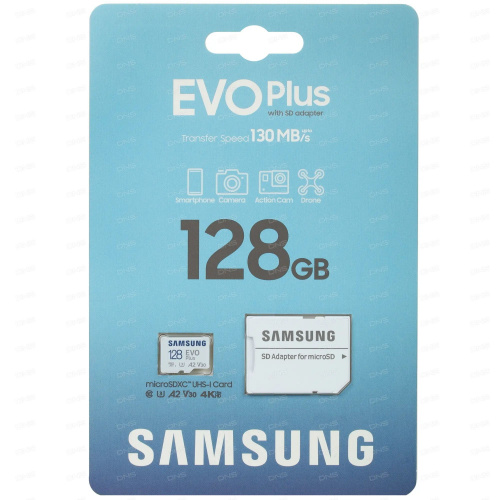Карта памяти MicroSD  128GB  Samsung Class 10 Evo Plus U1 (R/W 130 MB/s) + SD адаптер (MB-MC128KA/KR)