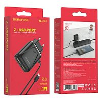 Блок питания сетевой 2 USB Borofone BA50A, Beneficence, 2400mA, пластик, кабель микро USB, цвет: чёрный (1/35/140) (6931474730176)