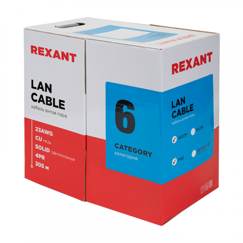 Rexant Кабель витая пара, U/UTP, категория 6, 4 x 2 x 0,57 мм, PVC, внутреннний, синий, 305м (1/2) (01-0047) фото 5
