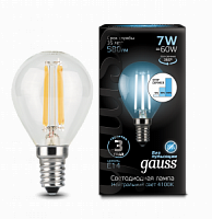 Лампа светодиодная GAUSS Filament Шар 7W 580lm 4100К Е14 шаг. диммирование 1/10/50 (105801207-S)
