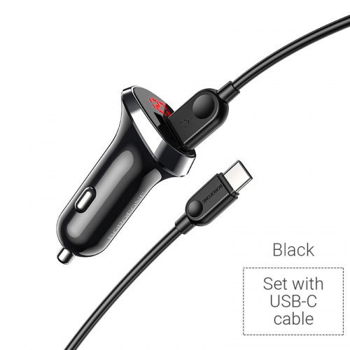 Блок питания автомобильный 2 USB Borofone BZ15, Auspicious, 2400mA, пластик, дисплей, кабель Type-C, цвет: чёрный(1/210) (6931474737700)